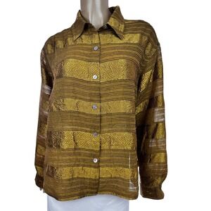 Chico's Design Sz 2/L Gold Blouse Long Sleeve Button-up Collared Cotton/Spandex